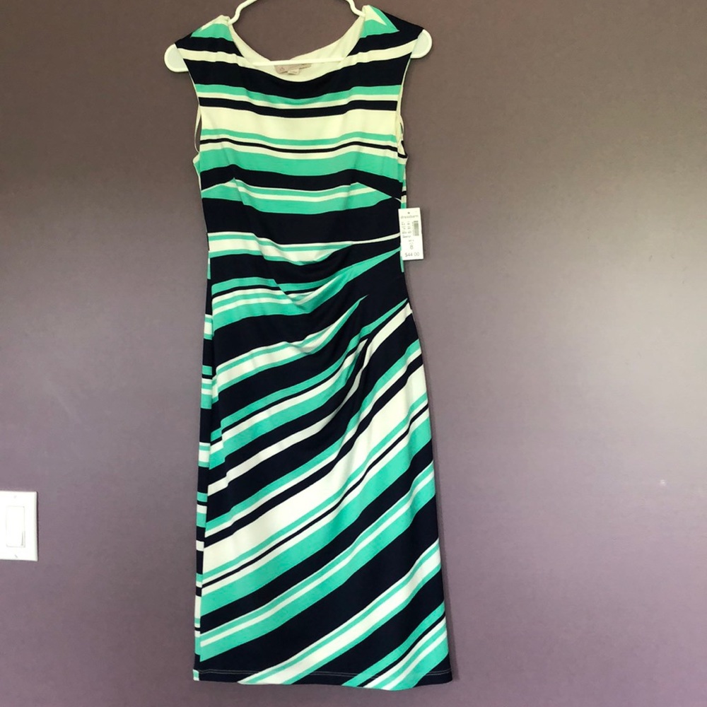 Navy blue, teal and white striped dress